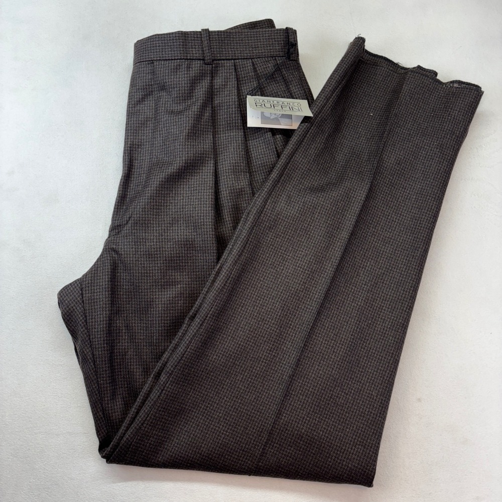 Gianfranco Ruffini Italy Mens Brown Houndstooth Pleated Dress Pants 38x37